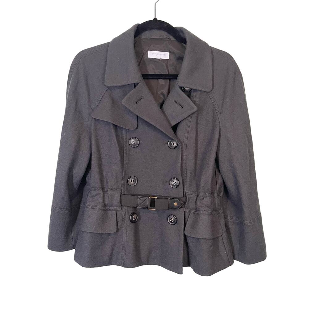 Strenesse Virgin Wool Belted Peacoat Jacket Size 6 Blue/Gray Double Breasted